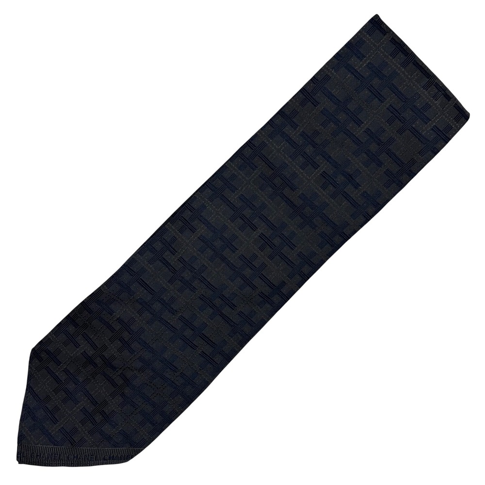 Vintage Chanel Paris Silk Tie Navy Blue Woven Basketweave Pattern Made in Italy